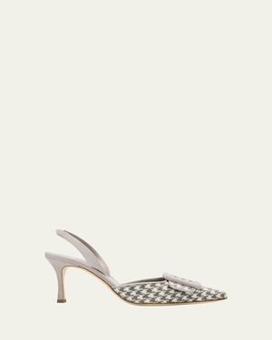 Manolo Blahnik 70Mm Mayslibi Gala Houndstooth Suede Slingback Pumps - Natural