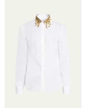 McQueen Metal Leaves And Crystal-Embellished Collar Poplin Dress Shirt - White