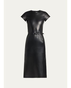 Tom Ford Short-Sleeve Silky Guanteria Lambskin Leather Asymmetric Midi Dress - Black