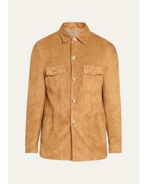 Cesare Attolini Suede Check-Lined Shirt Jacket - Natural