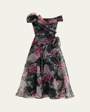Teri Jon Off-Shoulder Pleated Organza Midi Dress - Multicolor