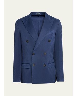 Massimo Alba Wool Micro-Chevron Double-Breasted Blazer - Blue