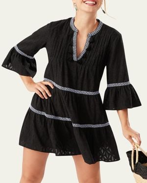 Tommy Bahama Embroidered Tassel V-Neck Cotton Tunic Dress - Black