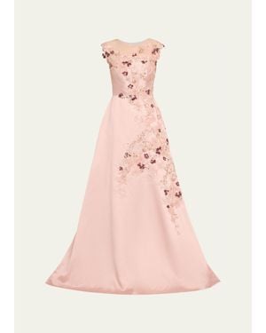 Teri Jon Sequin Floral-Embroidered Jacquard Gown - Pink