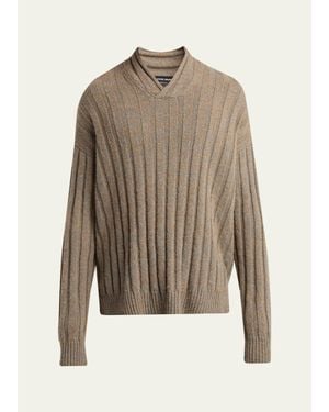 Giorgio Armani Ribbed-Knit Wool Shawl-Collar Sweater - Brown