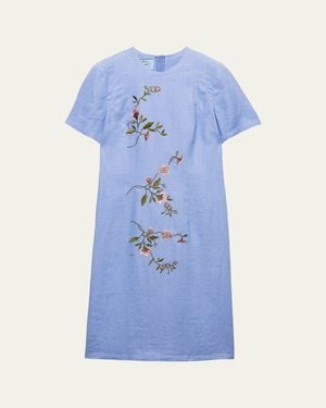 Prada Embroidered Linen Midi Dress - Blue
