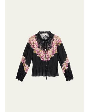 Sea Persephone Print Cotton & Lace Long-Sleeve Blouse - Black