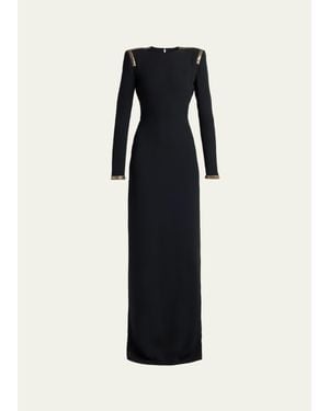 Tom Ford Long-Sleeve Chainmail-Trim Silk Column Gown - Black