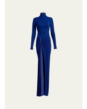 Silvia Tcherassi Lena Mock-Neck Ruched Jersey Slit Maxi Dress - Blue