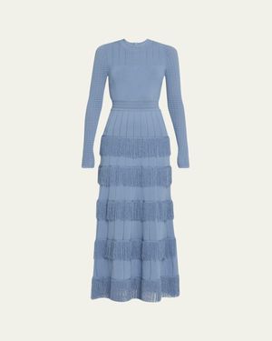 Lela Rose Tiered Fringe Long-Sleeve Maxi Dress - Blue