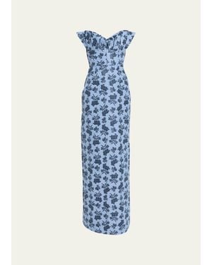 Markarian Rita Strapless Pleated Ruffle Bouquet Jacquard Column Gown - Blue