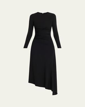 Michael Kors Ruched Long-Sleeve Asymmetric Midi Dress - Black