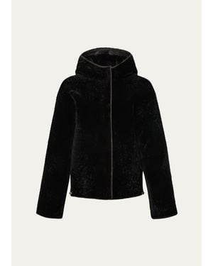 Gorski Textured Lamb Shearling Hooded Jacket - Black