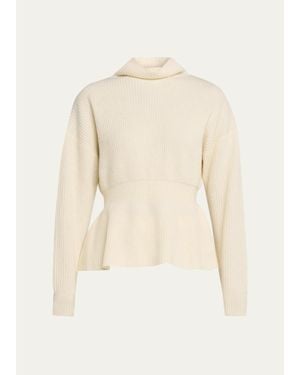 Theory Mock-Neck Cinched-Waist Peplum Sweater - Natural