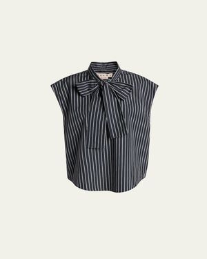 Marni Self-Tie Half-Placket Striped Blouse - Blue