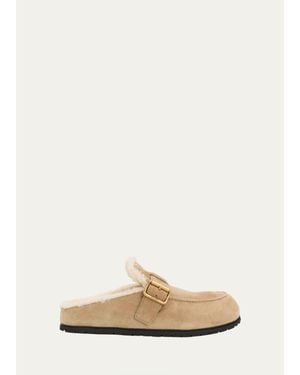 Prada Shearling-Lined Suede Buckle Clogs - Natural