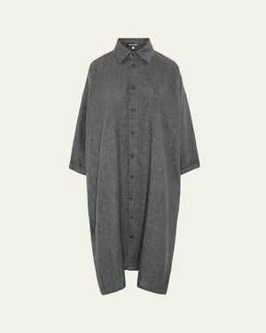 Eskandar Heavyweight Delave Linen Wide A-Line Shirt Dress With Collar - Gray