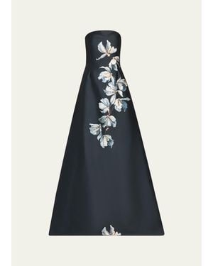 Teri Jon Beaded Floral Mikado A-Line Gown - Blue