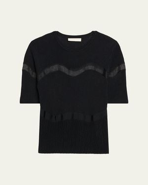 Ulla Johnson Ayla Wavy-Inset Short-Sleeve Rib Top - Black