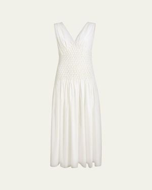 KHAITE Nola Sleeveless Diamond Pleat Cotton Ankle Dress - White