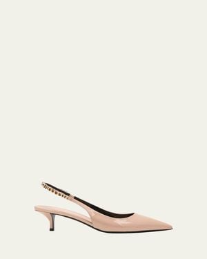 Gucci Signoria Patent Logo Chain Kitten Pumps - Natural