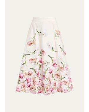 Oscar de la Renta Painted Iris Print Cotton Midi Skirt - Pink