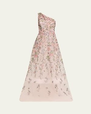 Teri Jon One-Shoulder Embroidered Tulle Gown - Pink