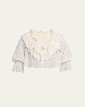 LoveShackFancy Warlow Silk Ruffle Blouse - Natural