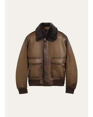 Berluti Leather & Shearling Collar Bomber Jacket - Brown
