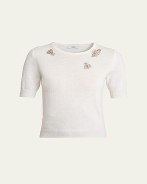 Erdem Crystal Bug Embellished Alpaca Knit Short-Sleeve Sweater - Natural