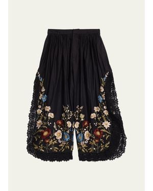 Sea Floral Embroidered Cotton & Lace Wide-Leg Culotte Pants - Black