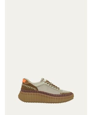 Chloé Nama Mixed Leather And Mesh Stitch Platform Sneakers - Natural