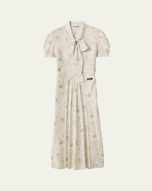 Miu Miu Floral Neck-Tie Short-Sleeve Midi Dress - Natural