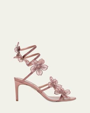Rene Caovilla 80Mm Floraine Crystal Flower Satin Snake Wrap Sandals - Pink