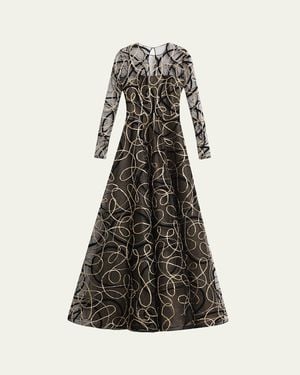 Naeem Khan Metallic Raffia Jewel-Neck Long-Sleeve Gown - Multicolor