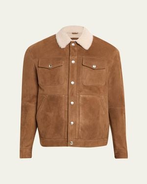 Brunello Cucinelli Shearling-Collar Suede Snap Front Jacket - Brown