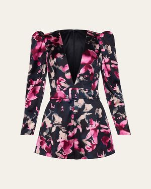 Ramy Brook Ravenna Floral Plunging Long-Sleeve Romper - Red