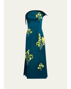 Erdem Sculptural Strapless Embroidered Textured Satin Midi Dress - Blue