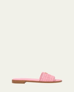 Prada Triangle Logo Raffia Flat Slide Sandals - Pink