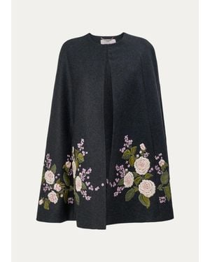 Carolina Herrera Floral-Embroidered Virgin Wool Cape - Blue