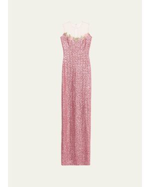Naeem Khan Illusion Yoke Sequined Floral Applique Sleeveless Gown - Pink