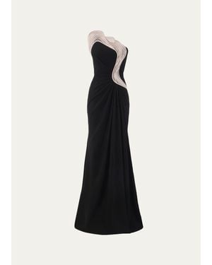 Gaurav Gupta Ruffle Trim One-Shoulder Draped Slit Gown - Black
