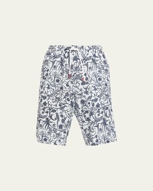 Kiton Printed Linen Drawstring Shorts - Blue