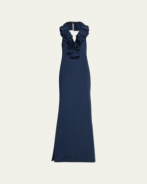 Badgley Mischka Ruffle Halter Trumpet Gown - Blue