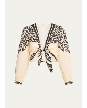 Johanna Ortiz Gentle Burn Printed Linen Long-Sleeve Tie Crop Top - Natural