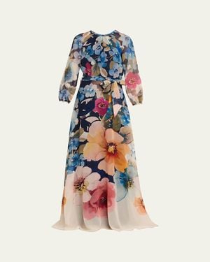 Teri Jon Floral-Print Chiffon Gown - White