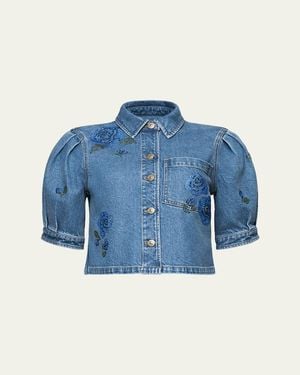 Cinq À Sept Cropped Heatset Roses Denim Jacket - Blue