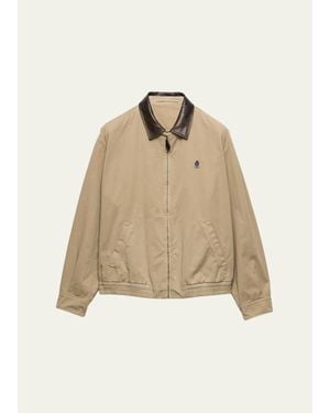 Prada Old Gabardine Leather-Collar Full-Zip Jacket - Natural