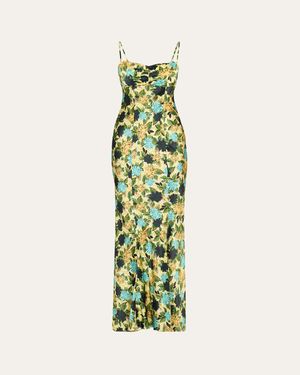 Saloni Renee Long Floral Silk Spaghetti-Strap Dress - Green