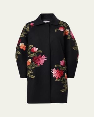 Carolina Herrera Floral-Embroidered Wool Cocoon Coat - Black